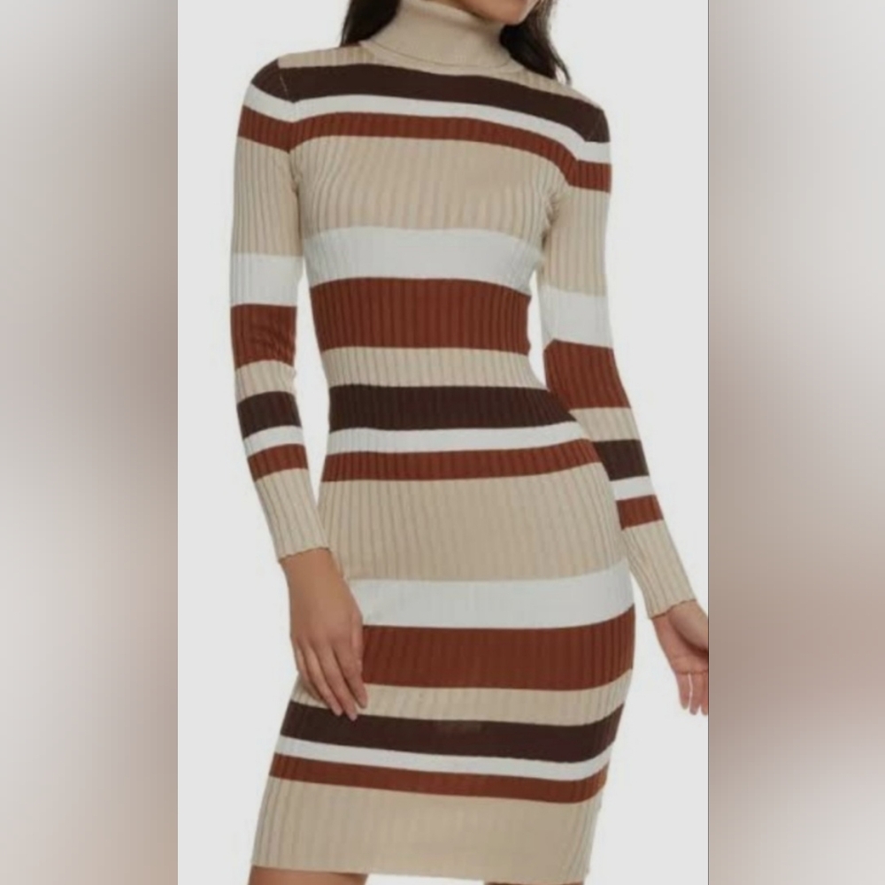 Neutral Tone Striped Ribbed Turtleneck Bodycon Dress Size M - Picture 9 of 11